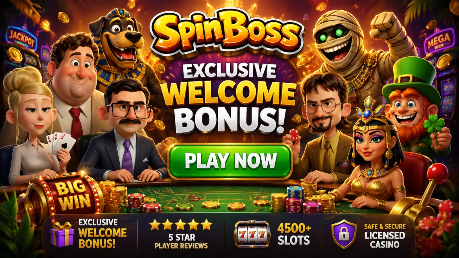 The Boss and his crew at the SpinBoss tables — exclusive welcome bonus