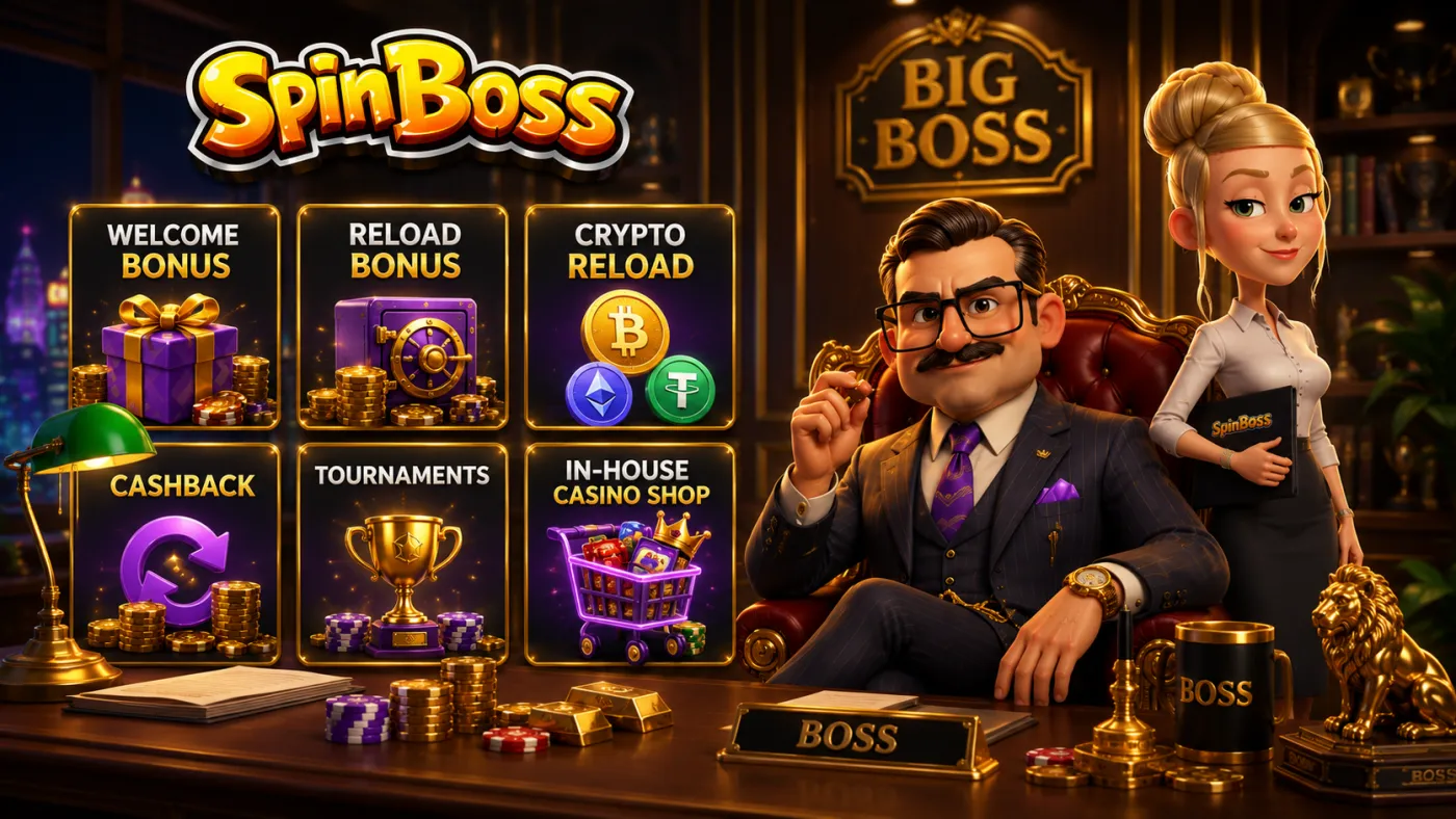 SpinBoss bonus board: welcome, reload, crypto, cashback, tournaments and casino shop
